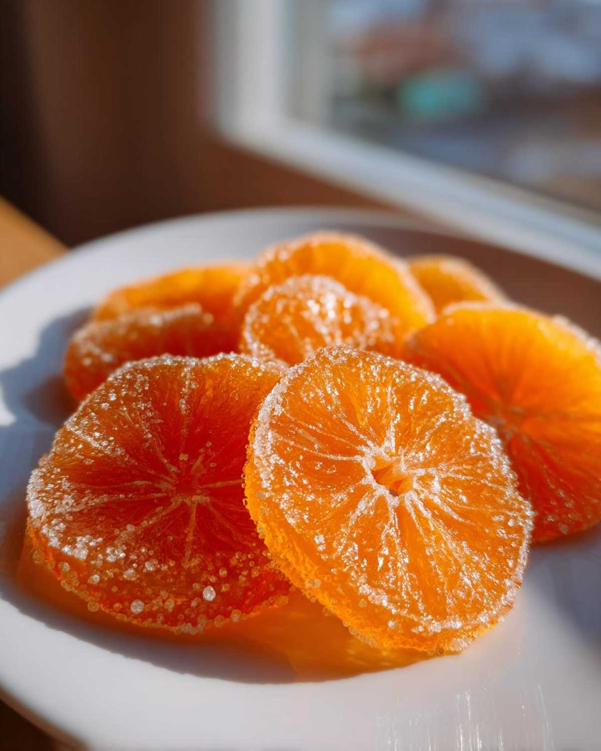 Close-up of bright orange candied orange slices heavily coated in sparkling sugar crystals.