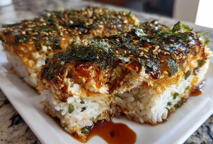 Two squares of baked sushi bake casserole, topped with dark sauce, seaweed, and sesame seeds, served on a white plate.