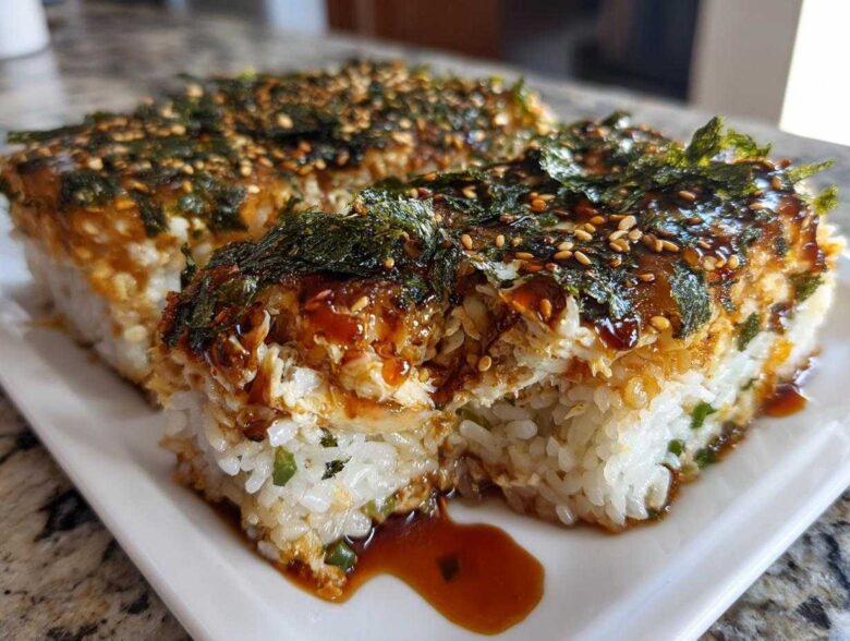 Two squares of baked sushi bake casserole, topped with dark sauce, seaweed, and sesame seeds, served on a white plate.