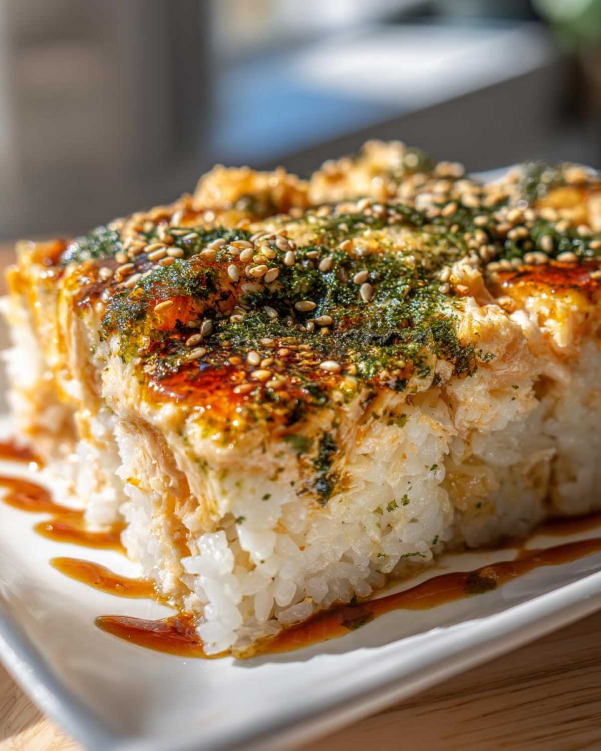 A close-up, vertical slice of baked sushi bake casserole topped with sesame seeds, nori, and a drizzle of sauce.
