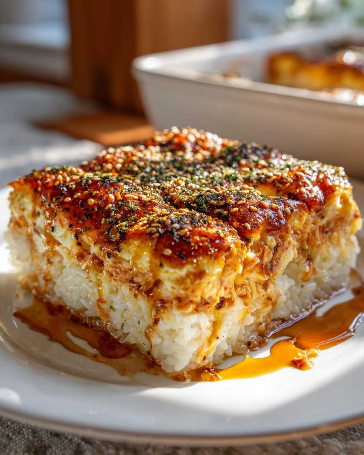 A square slice of baked sushi bake casserole with a golden, saucy topping and sesame seeds.