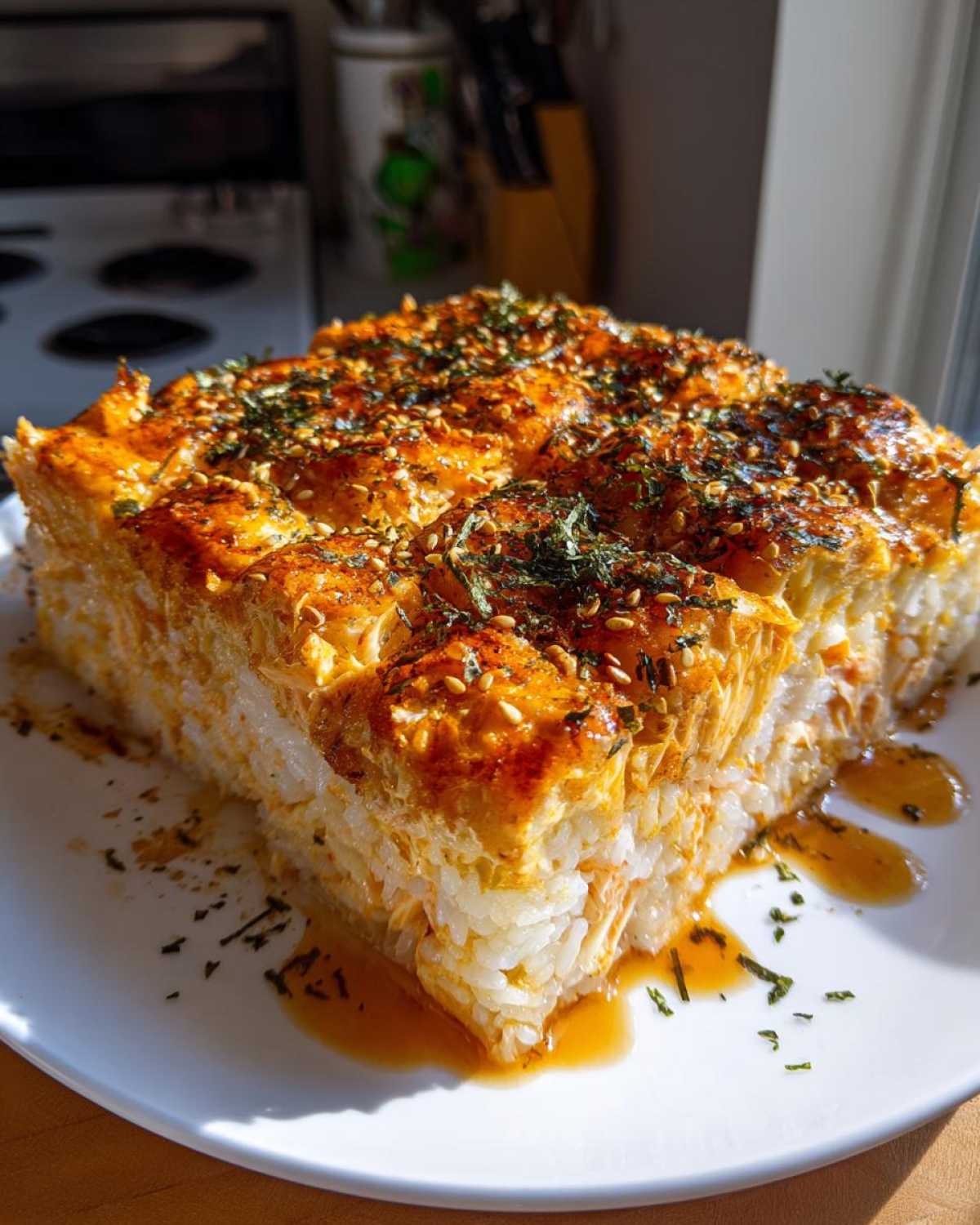 A square slice of baked sushi bake casserole with a golden-brown topping, sprinkled with furikake, resting on a white plate.