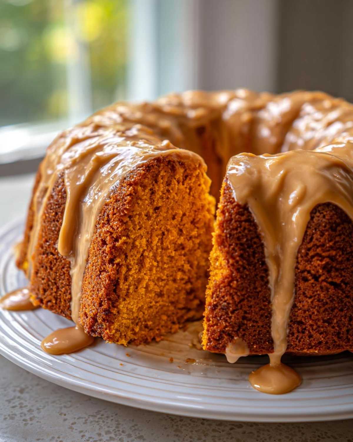 A moist, orange-hued sweet potato pound cake with a thick caramel glaze dripping down the sides.