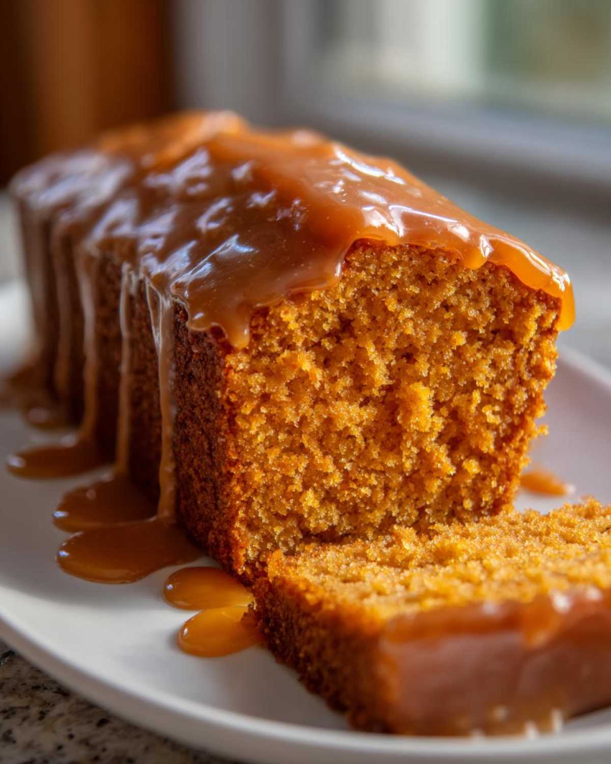 Close-up of a slice of moist sweet potato pound cake topped with a thick, dripping caramel glaze.