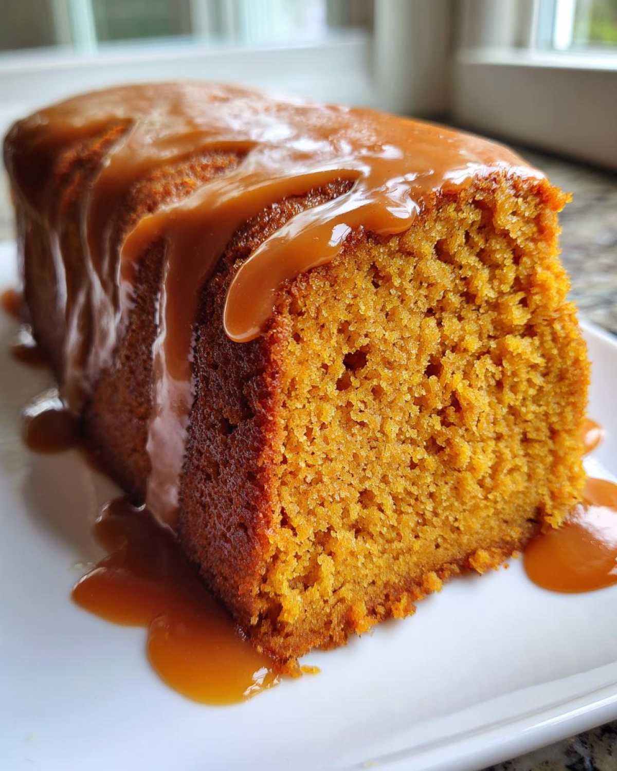 Close-up of a slice of moist sweet potato pound cake topped with rich caramel sauce.