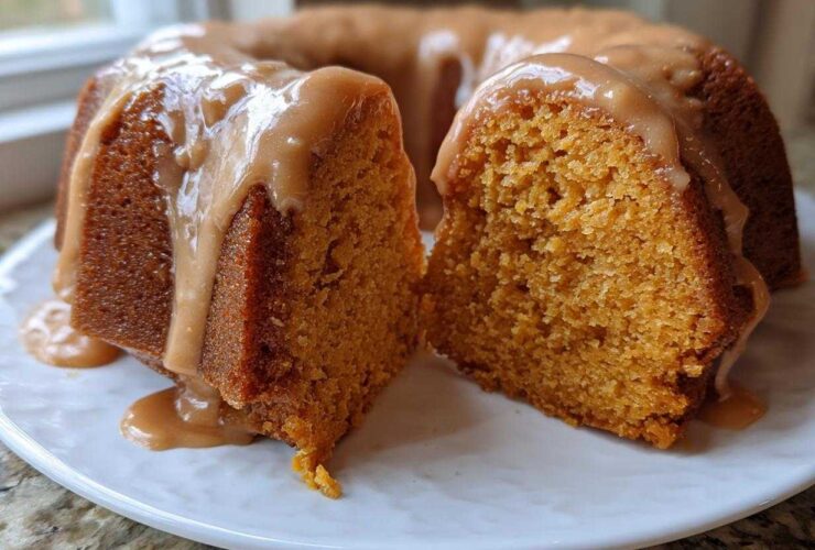 Close-up of a slice cut from a sweet potato pound cake, covered in a thick caramel-colored glaze.