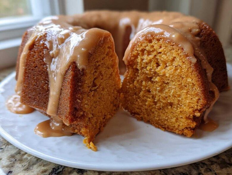 Close-up of a slice cut from a sweet potato pound cake, covered in a thick caramel-colored glaze.