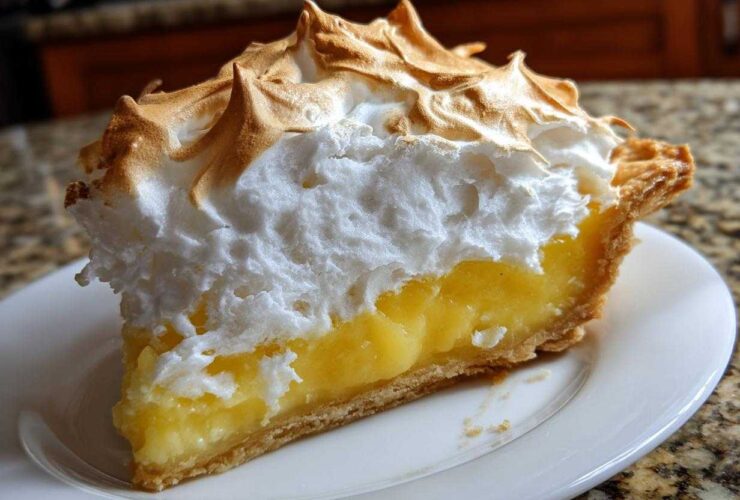 A tall slice of lemon meringue pie showing bright yellow filling and towering, toasted meringue peaks.