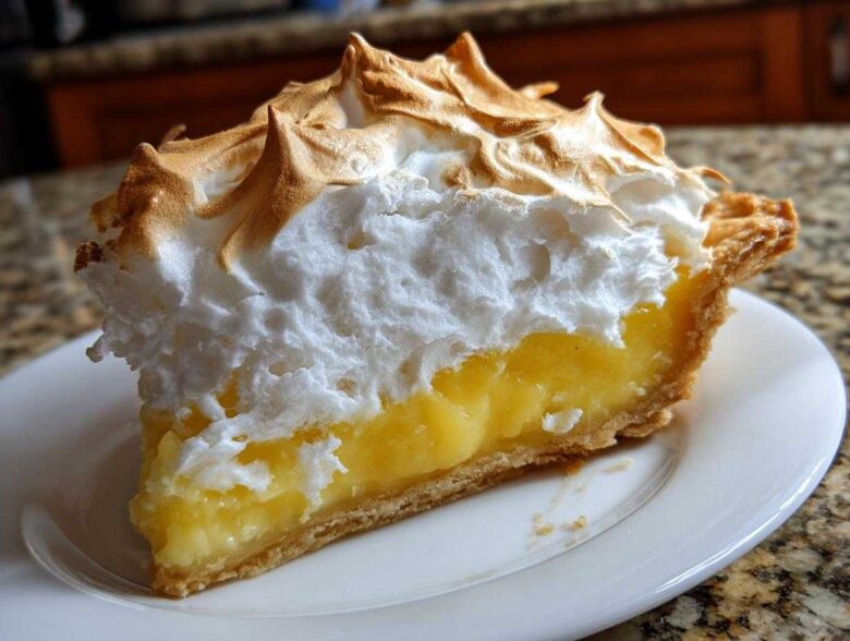 A tall slice of lemon meringue pie showing bright yellow filling and towering, toasted meringue peaks.