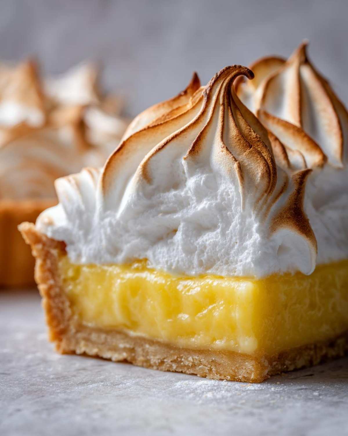 Cross-section of a lemon meringue tart showing thick lemon curd, crust, and perfectly peaked, torched meringue.