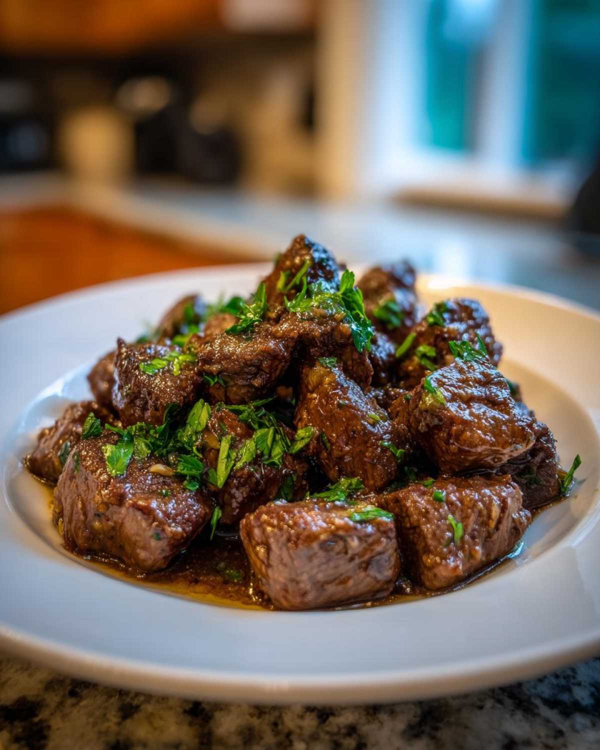 Close-up of tender, saucy cubes of crockpot steak garnished generously with fresh chopped parsley on a white plate.
