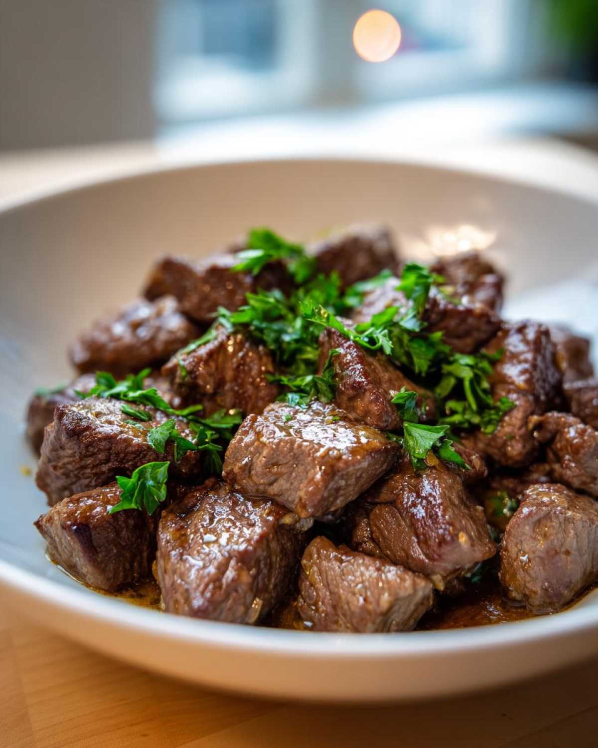 Close-up of tender, saucy crockpot steak bites topped with fresh chopped parsley in a white bowl.
