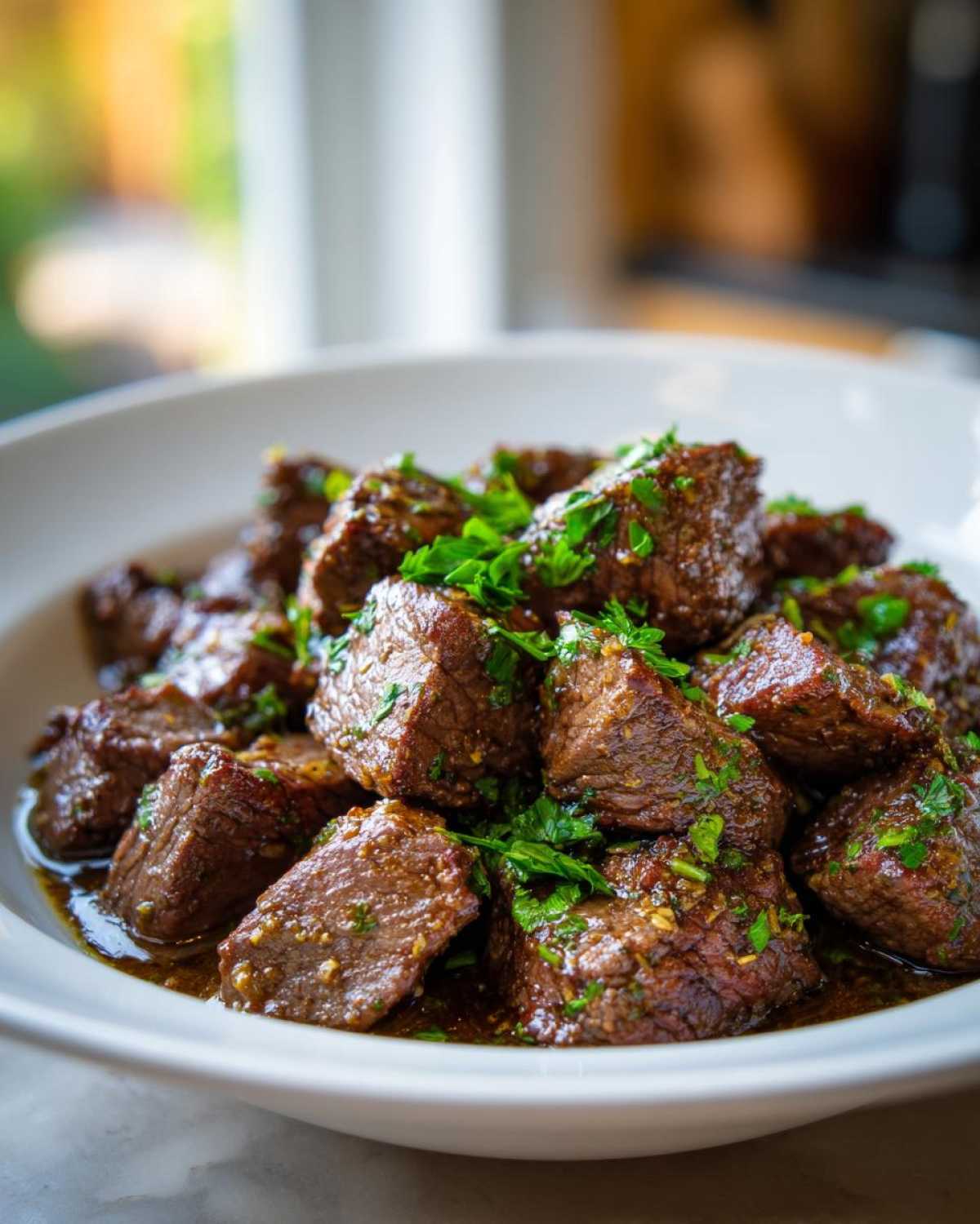 Close-up of tender, saucy crockpot steak bites topped with fresh chopped parsley in a white bowl.