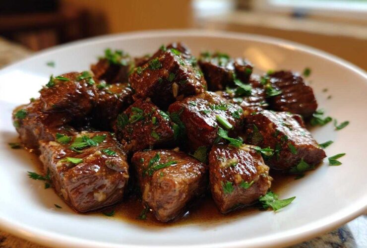 Close-up of tender, saucy crockpot steak bites seasoned and topped with fresh chopped parsley on a white plate.