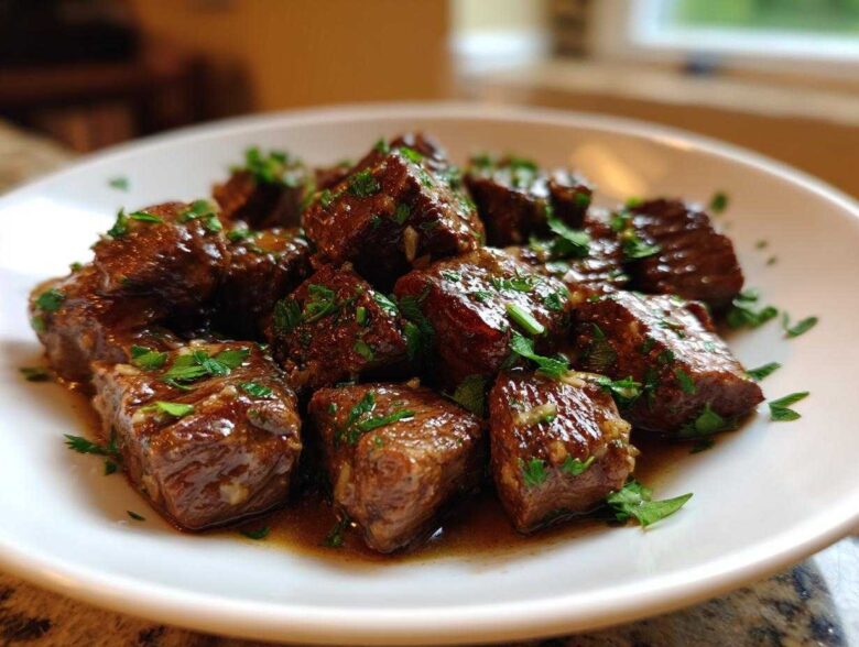 Close-up of tender, saucy crockpot steak bites seasoned and topped with fresh chopped parsley on a white plate.