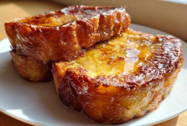 Two thick slices of perfectly cooked french toast stacked slightly, glistening with syrup.