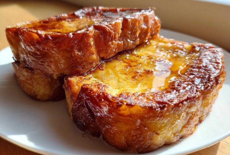 Two thick slices of perfectly cooked french toast stacked slightly, glistening with syrup.
