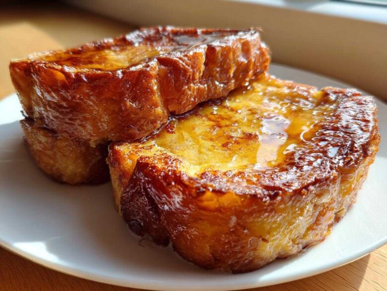 Two thick slices of perfectly cooked french toast stacked slightly, glistening with syrup.