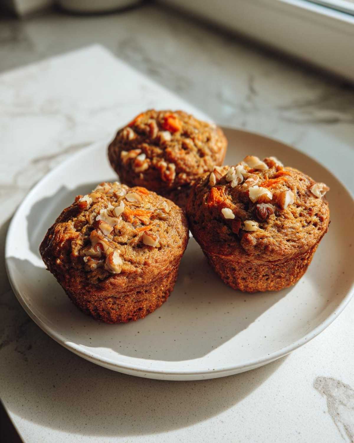 Three freshly baked morning glory muffins topped with chopped walnuts, sitting on a speckled white plate.