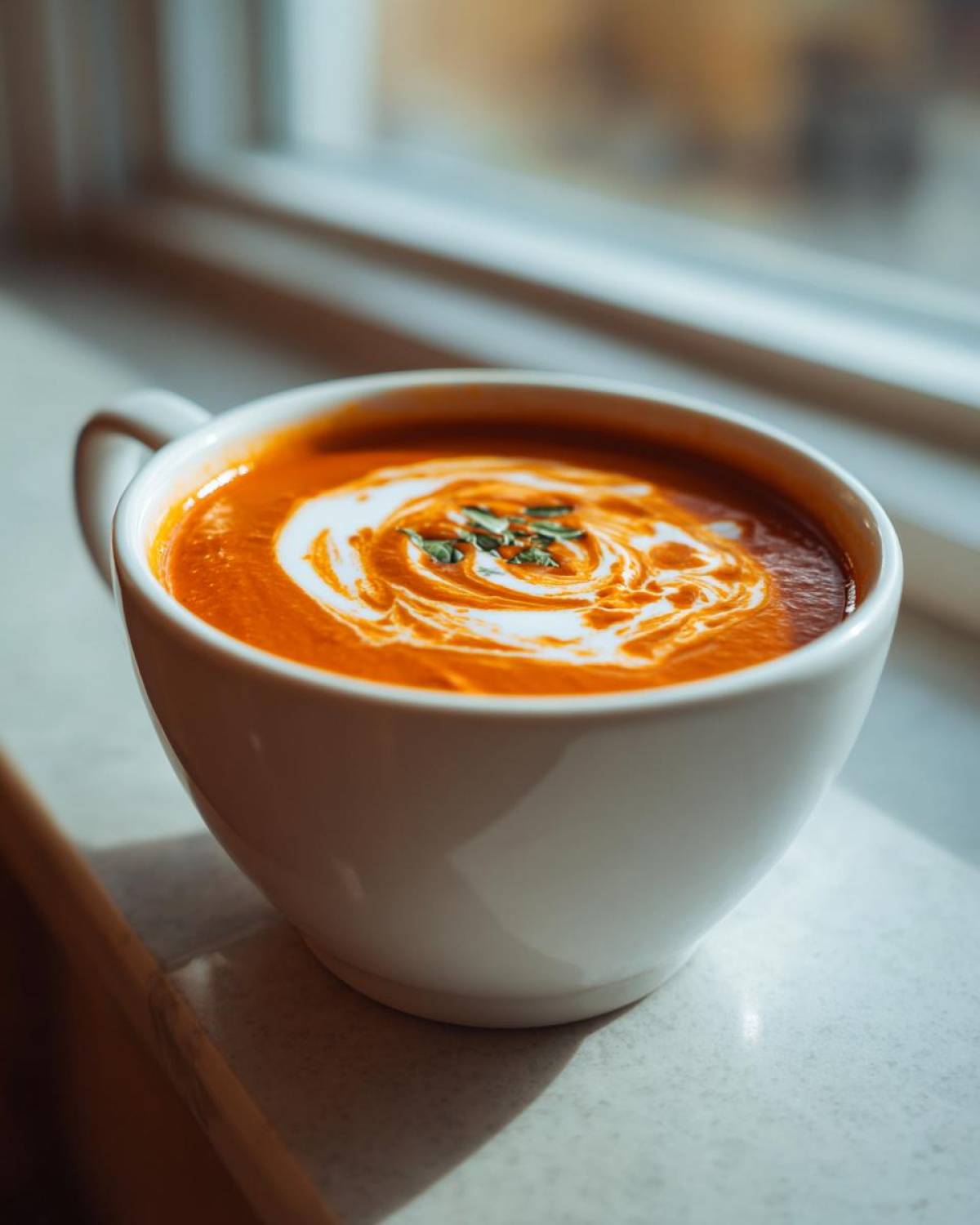 A close-up of rich, orange tomato bisque in a white mug, topped with a swirl of cream and herbs.