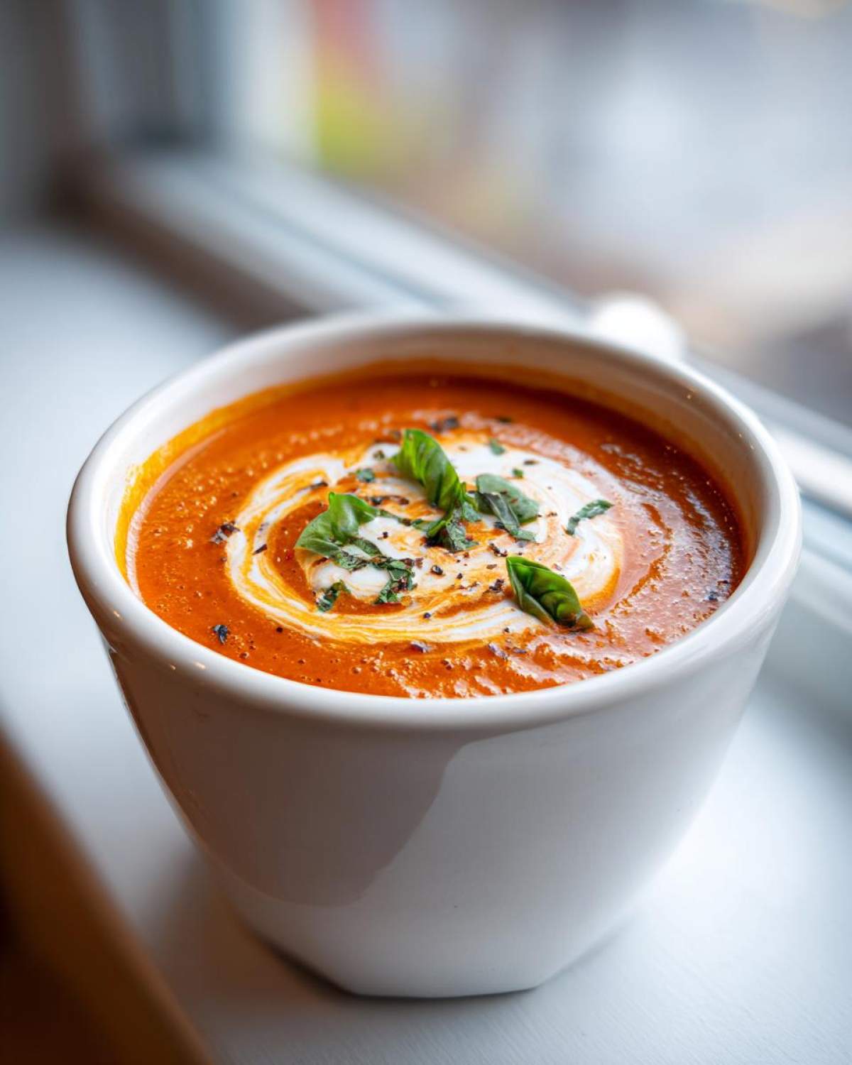 A close-up of a white bowl filled with rich, orange-red tomato bisque, swirled with cream and topped with fresh basil.
