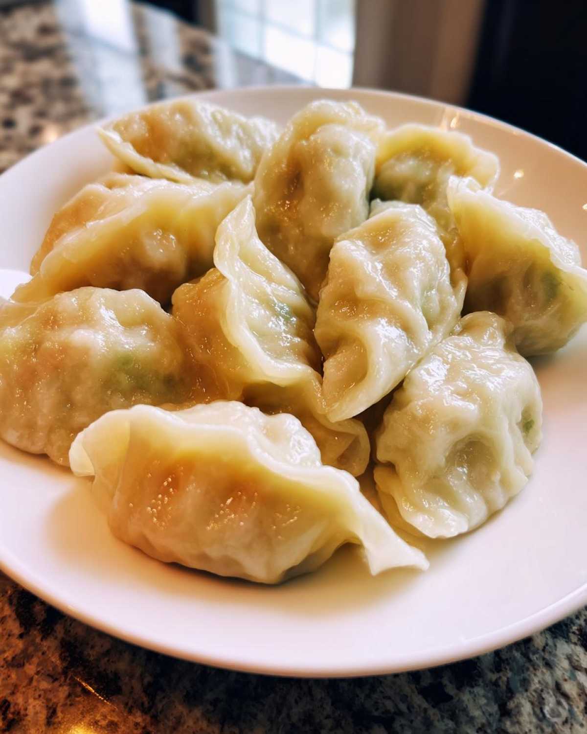 A close-up of several freshly steamed Traditional Chinese Dumplings piled on a white plate.