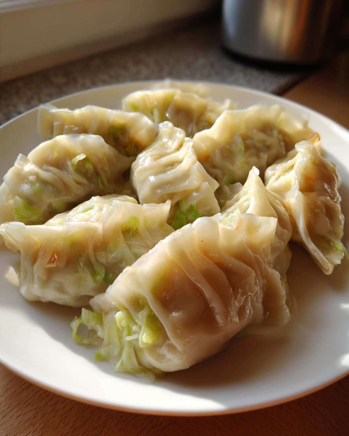 A plate filled with freshly steamed Traditional Chinese Dumplings showing translucent wrappers and green cabbage filling.