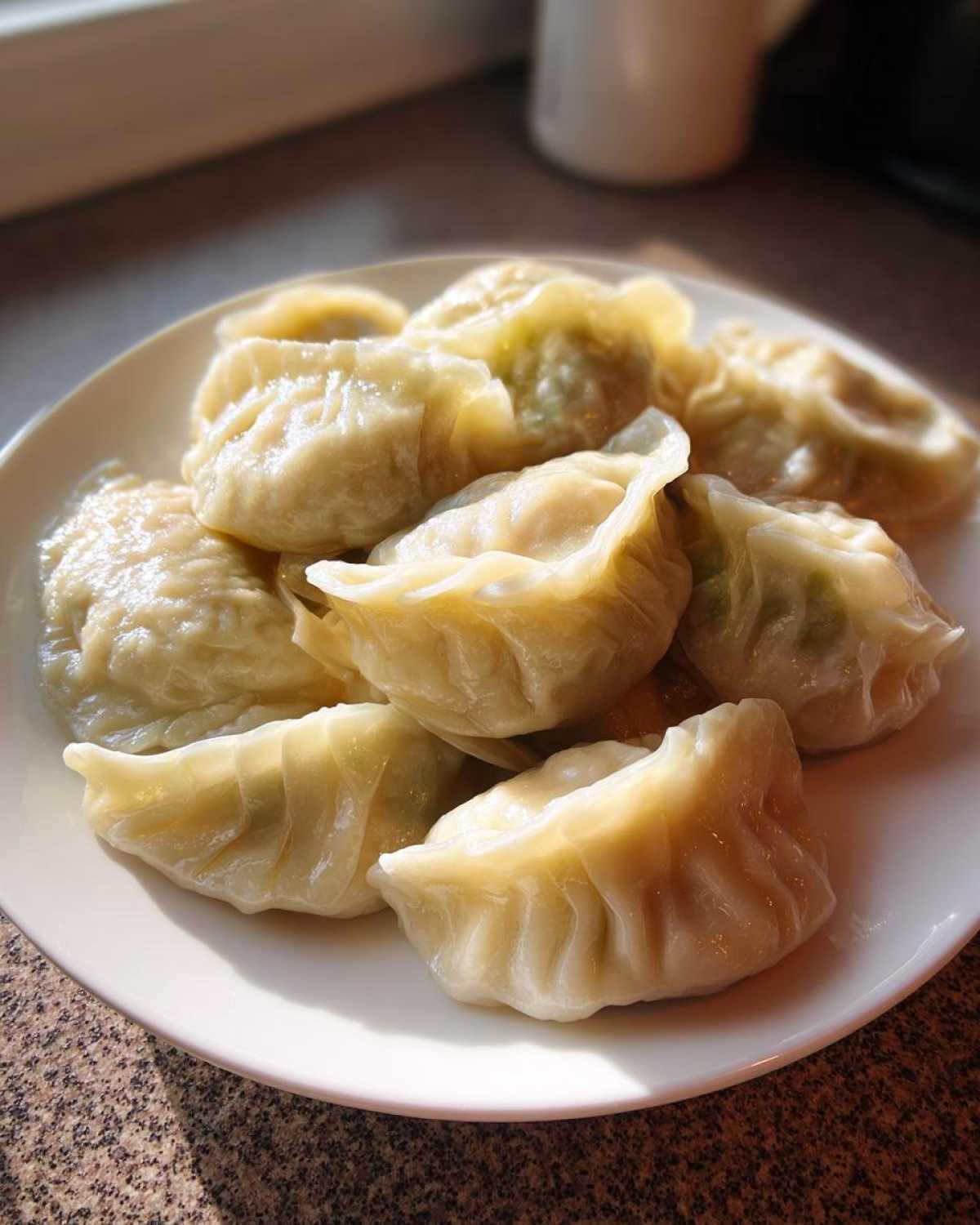 A close-up of freshly steamed Traditional Chinese Dumplings piled high on a white plate, catching the sunlight.