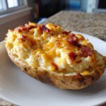 A perfectly cooked twice baked potato stuffed with creamy filling, melted cheddar cheese, and crispy bacon bits.