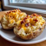 Two perfectly prepared twice-baked potatoes loaded with creamy filling, melted cheddar cheese, and crispy bacon bits.