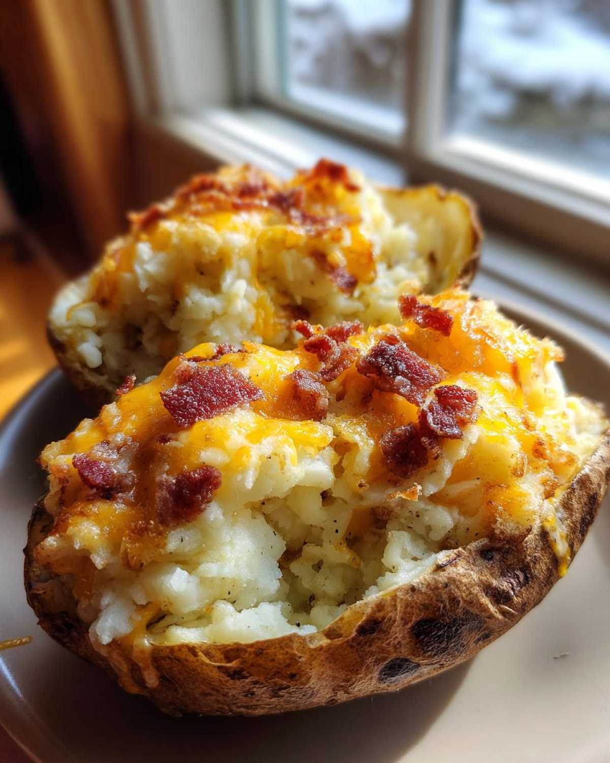 Two halves of loaded twice-baked potatoes topped with melted cheddar cheese and crispy bacon bits, sitting on a plate.