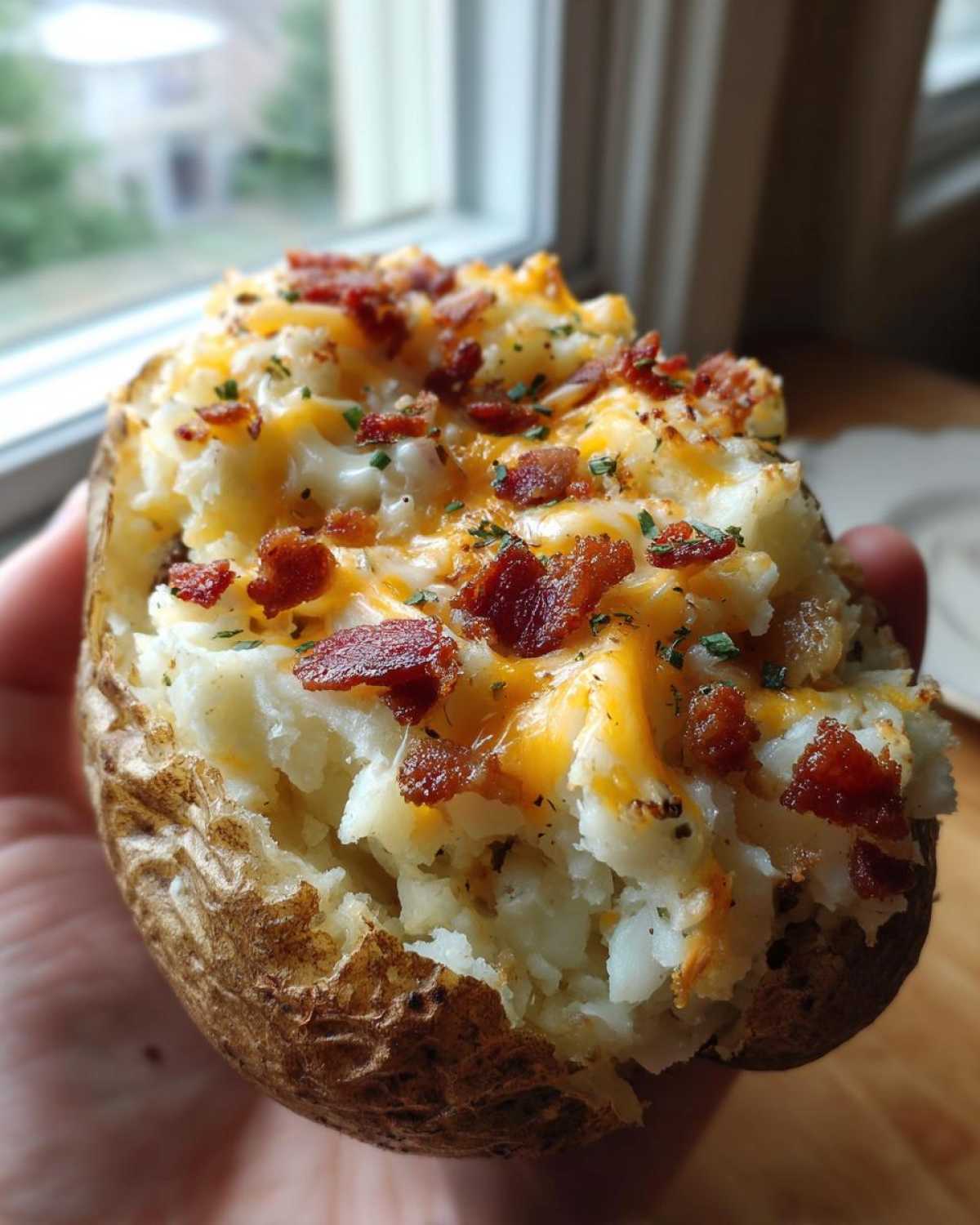 A hand holding a perfectly prepared twice-baked potato stuffed with mashed potato, melted cheddar cheese, and crispy bacon bits.