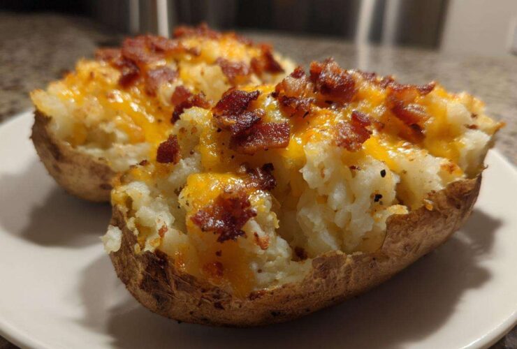 Two halves of twice baked potatoes stuffed with creamy filling, topped with melted cheddar cheese and crispy bacon bits.