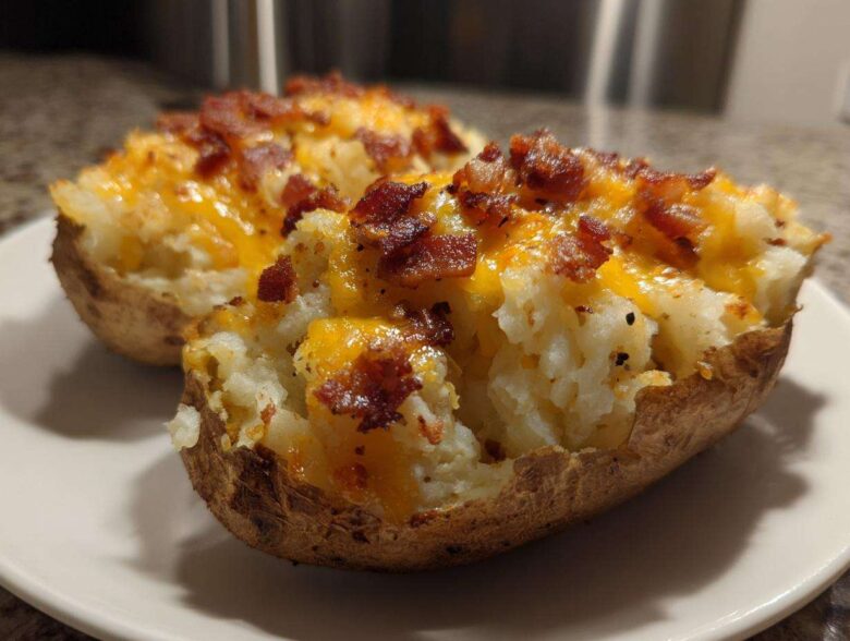 Two halves of twice baked potatoes stuffed with creamy filling, topped with melted cheddar cheese and crispy bacon bits.