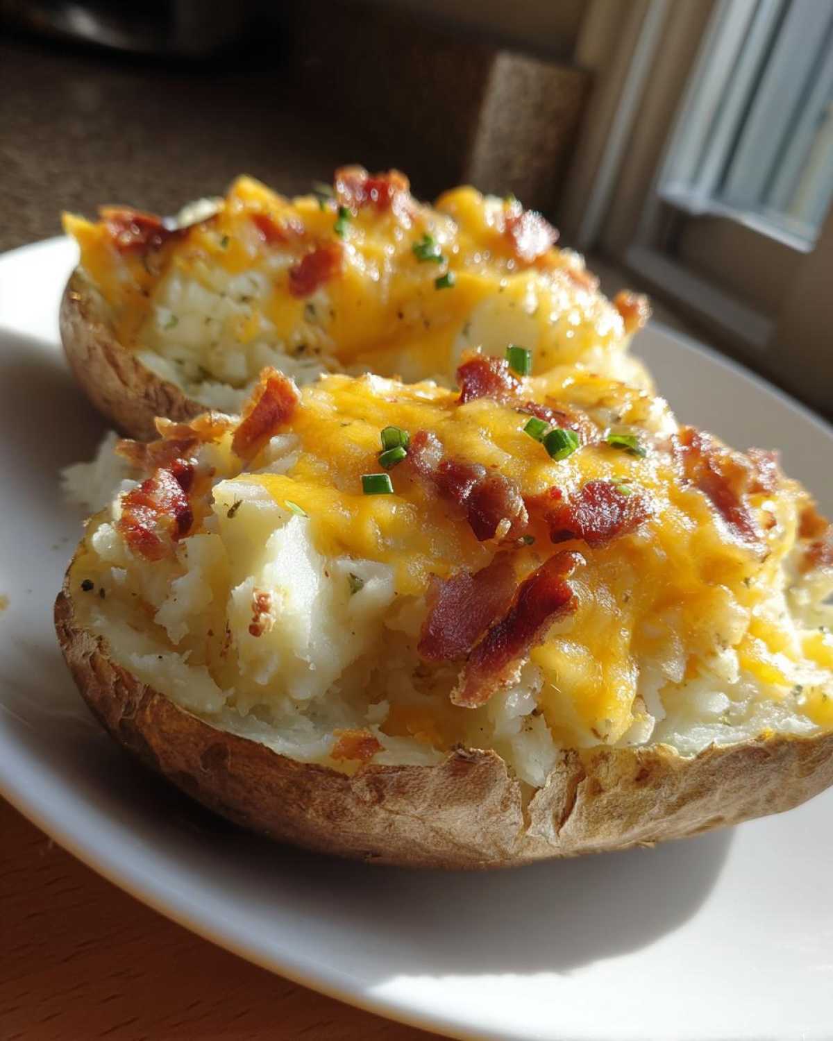 Two halves of twice baked potatoes loaded with mashed filling, melted cheddar cheese, bacon bits, and chives.