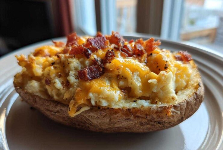 A close-up of a loaded twice-baked potato topped with melted cheddar cheese and crispy bacon bits.