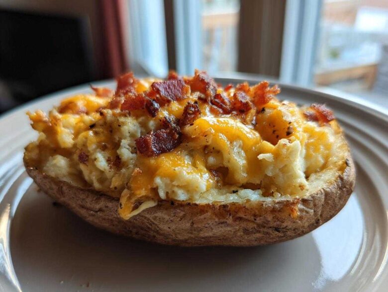 A close-up of a loaded twice-baked potato topped with melted cheddar cheese and crispy bacon bits.