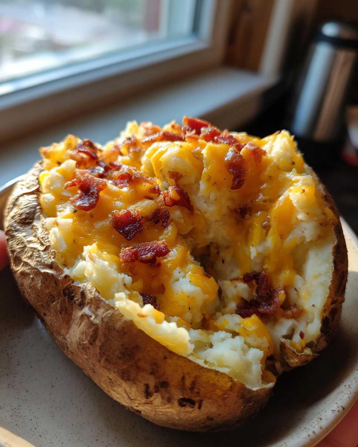 A close-up of a delicious twice-baked potato, stuffed with creamy filling, melted cheddar cheese, and crispy bacon bits.