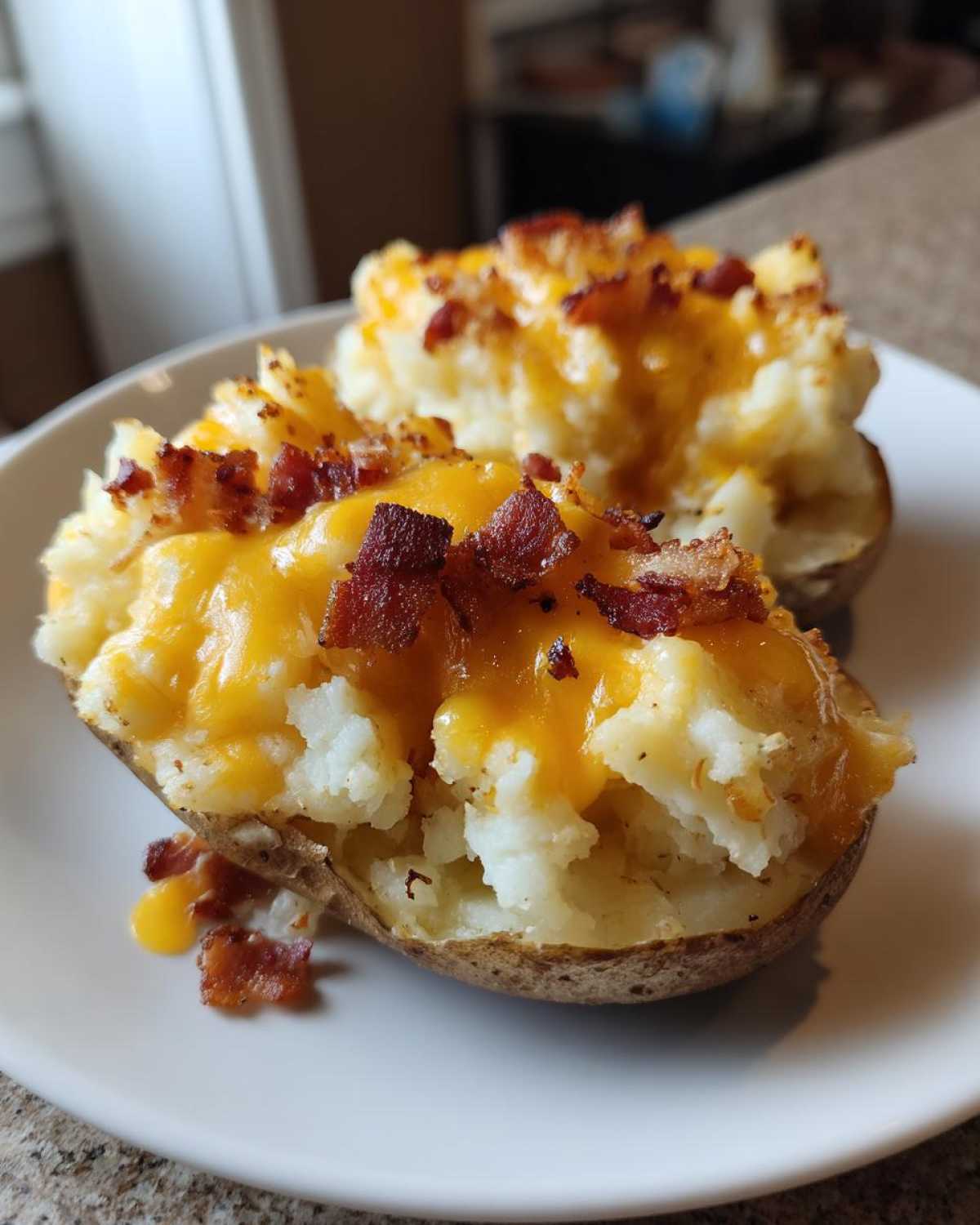 Two halves of twice baked potatoes stuffed with creamy filling, topped with melted cheddar cheese and bacon bits.