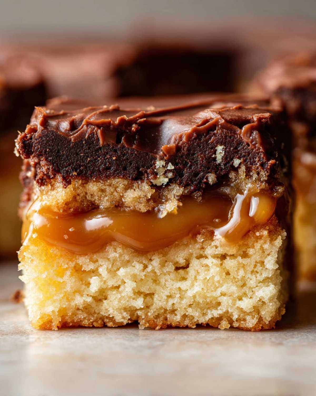A close-up cross-section of a layered twix cookies bar showing shortbread base, gooey caramel, chocolate layer, and frosting.