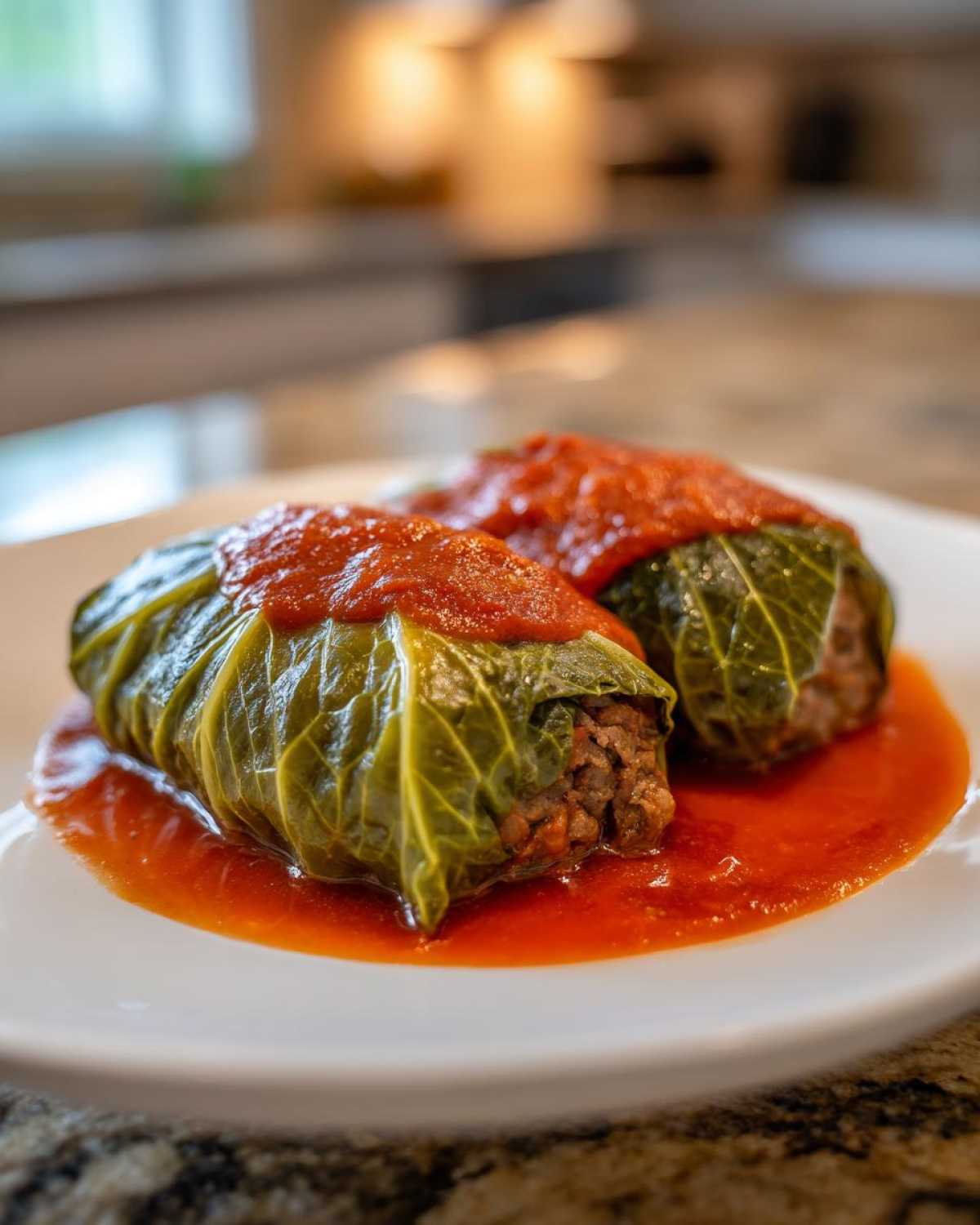 Two plump cabbage rolls filled with meat, served on a white plate with rich tomato sauce.