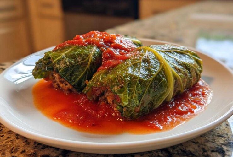 Two savory cabbage rolls filled with meat, covered in rich tomato sauce, served on a white plate.