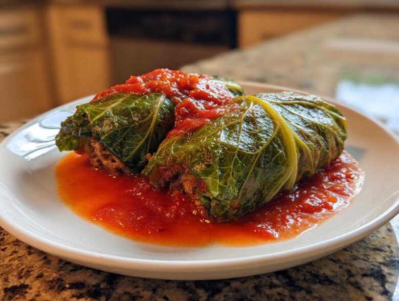 Two savory cabbage rolls filled with meat, covered in rich tomato sauce, served on a white plate.