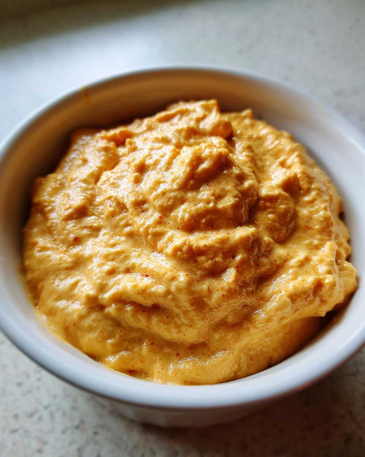 Close-up of thick, orange, creamy beer cheese dip served in a small white bowl.
