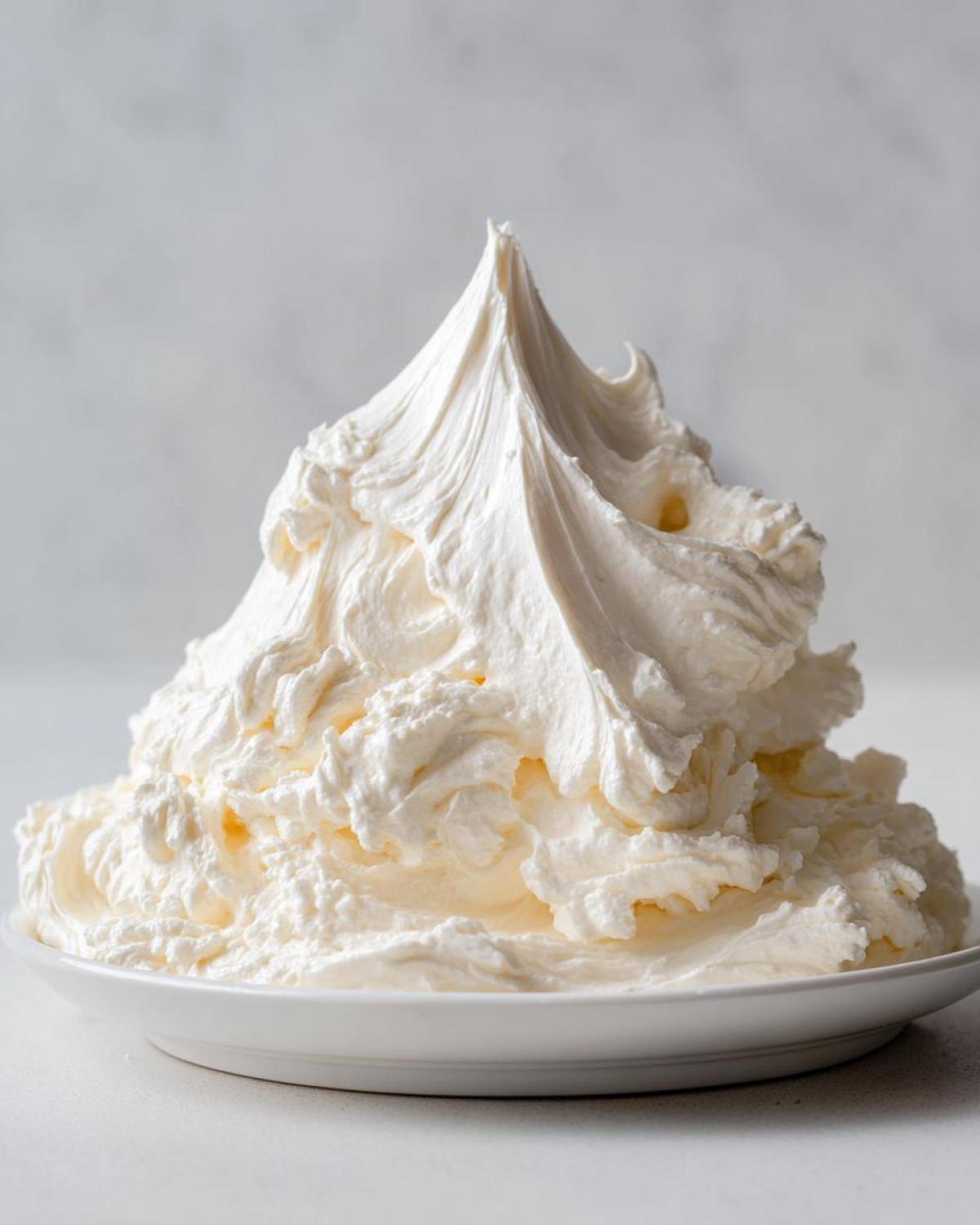 A large mound of perfectly whipped, creamy white vanilla buttercream frosting on a white plate.