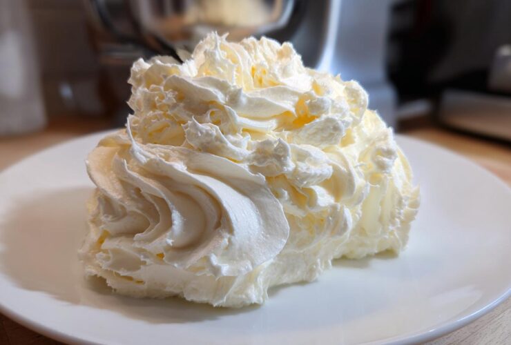 A generous swirl of light, fluffy vanilla buttercream frosting piped onto a white plate, with a mixer visible in the background.