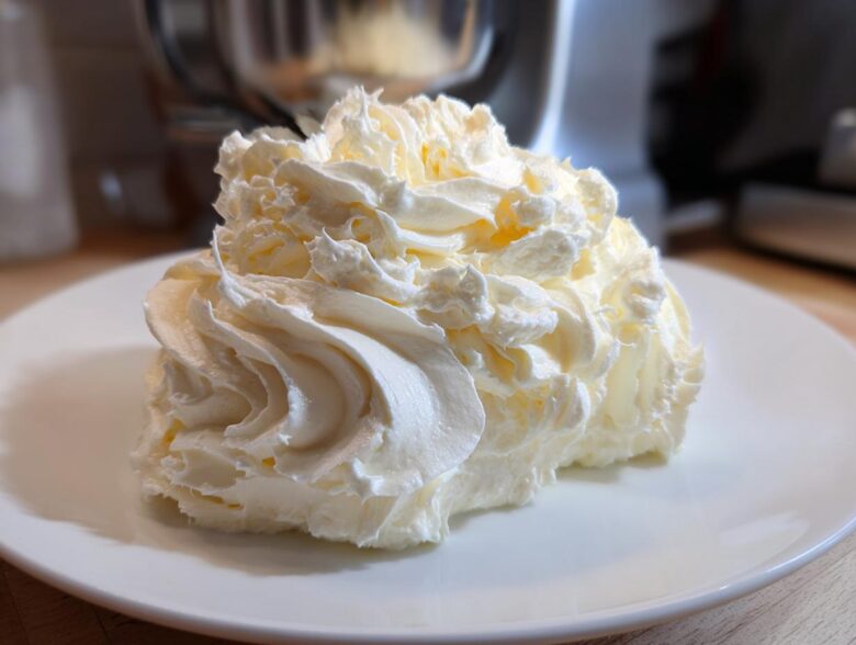 A generous swirl of light, fluffy vanilla buttercream frosting piped onto a white plate, with a mixer visible in the background.