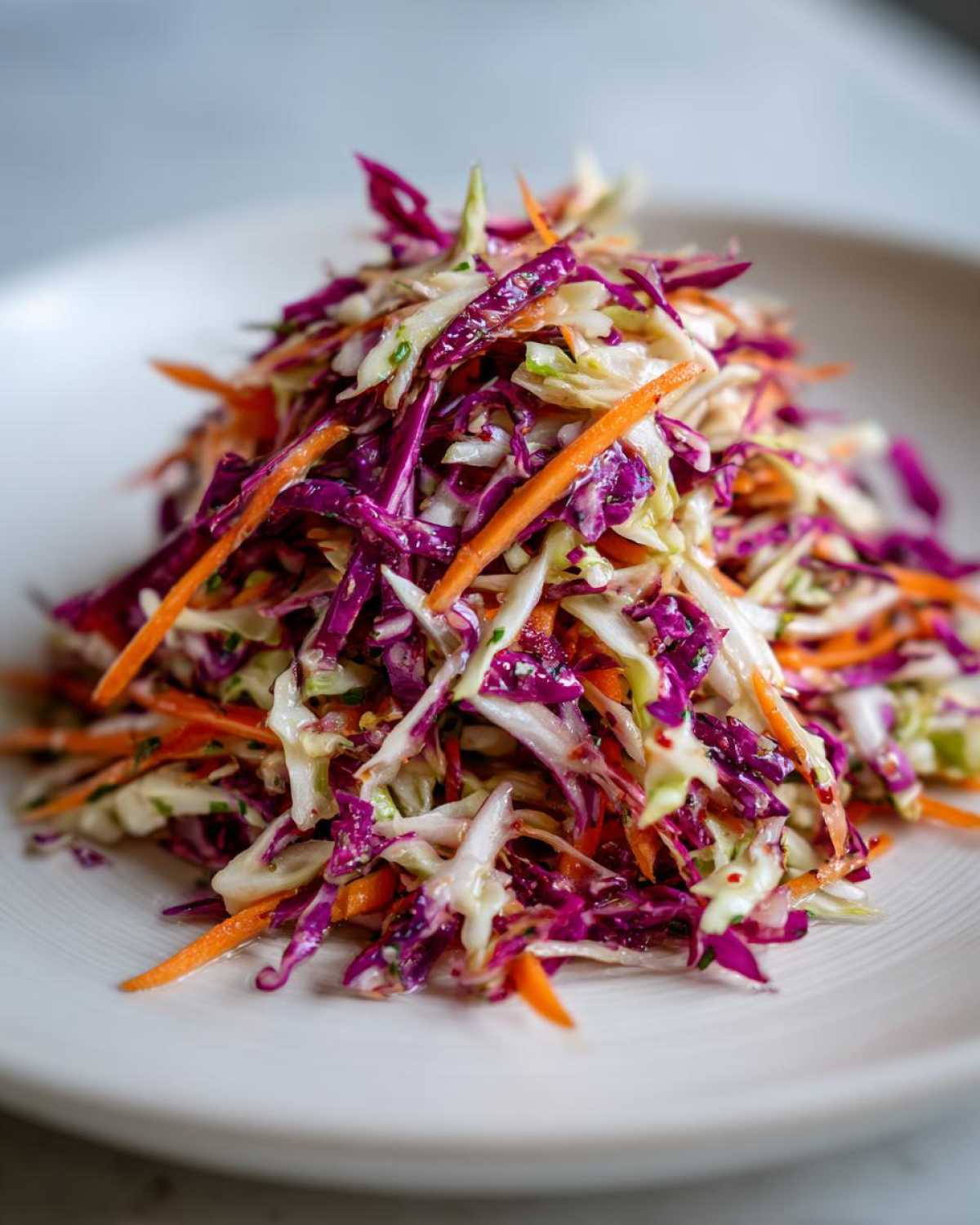 A close-up of a vibrant, freshly tossed cabbage salad featuring shredded red cabbage, white cabbage, and carrots.