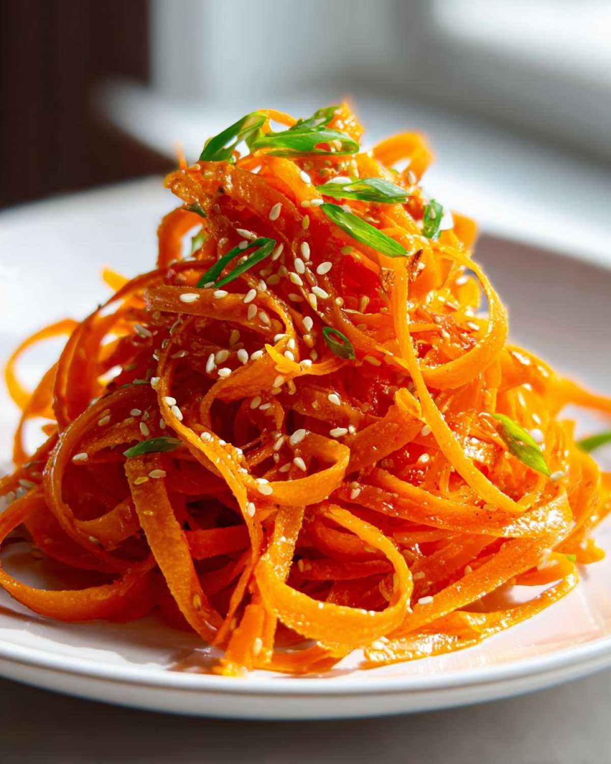 Close-up of a mound of bright orange raw carrot salad ribbons, topped with sesame seeds and green onions.
