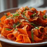 Close-up of a bright orange raw carrot salad made with shaved carrot ribbons, topped with white sesame seeds and chopped green onions.